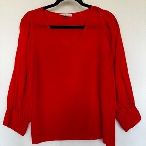 Michelle McDowell S Red V-Neck Pullover Crepe Blouse w/Long Puffy Sleeves